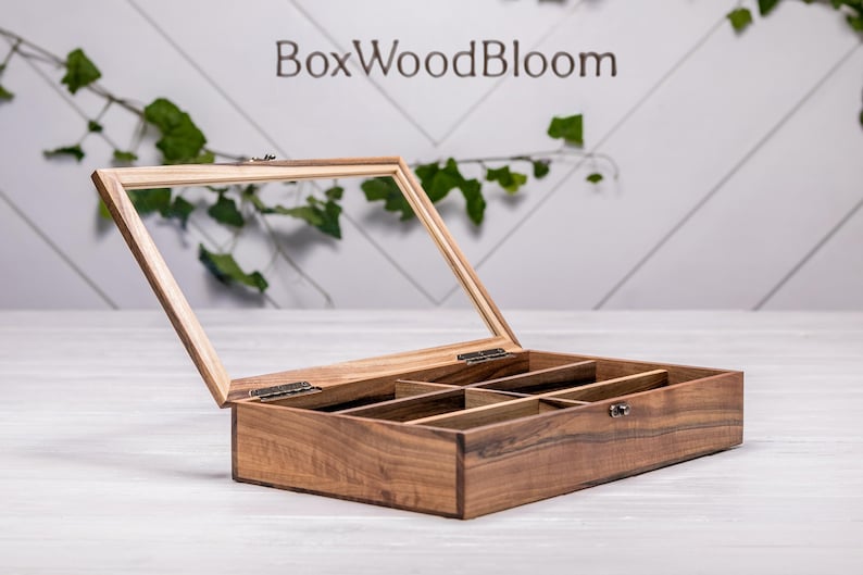 Luxury walnut glasses organizer box with glass lid open