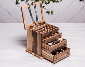 Wooden Jewelry Organizer Box with Watch Storage, Walnut Jewelry Box with Mirror or Wooden Lid, Gift for Him & Her, M/L Size