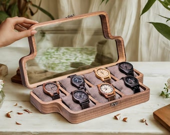 Premium Solid Walnut Watch Box With Glass or Wood Lid,Handcrafted Walnut Watch Box for 1-12 Watches, Personalized Watch Storage,Gift for Him