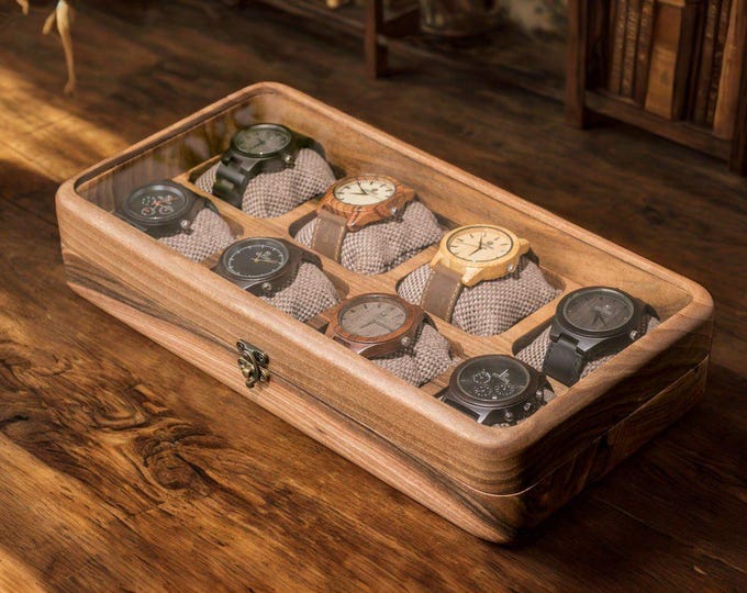 Premium Solid Walnut Watch Box With Glass or Wood Lid,Handcrafted Walnut Watch Box for 1-12 Watches, Personalized Watch Storage,Gift for Him