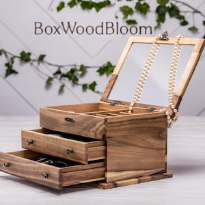 Wooden Jewelry Box with Mirror, Handmade Walnut Organizer with Drawers – Ring, Earring & Necklace Storage, Personalized Gift for Her