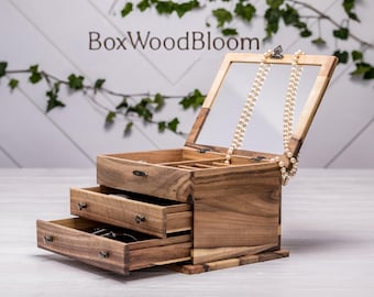 Wooden Jewelry Box with Mirror, Handmade Walnut Organizer with Drawers – Ring, Earring & Necklace Storage, Personalized Gift for Her