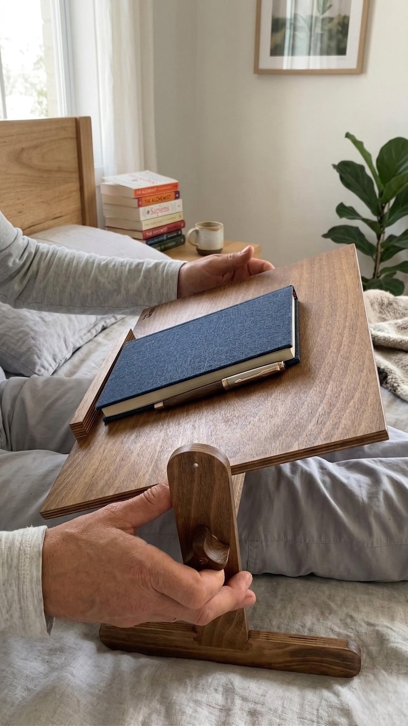 May include: A wooden bed desk with a book and pen on top. The desk is made of light brown wood and has a slanted surface. The book is dark blue. The desk is supported by a wooden stand.