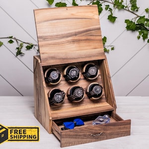 Wooden Watch Box with Secret Compartment, Walnut Watch Holder for 6 Watches, Custom Engraving Available, Personalized Gift for Him