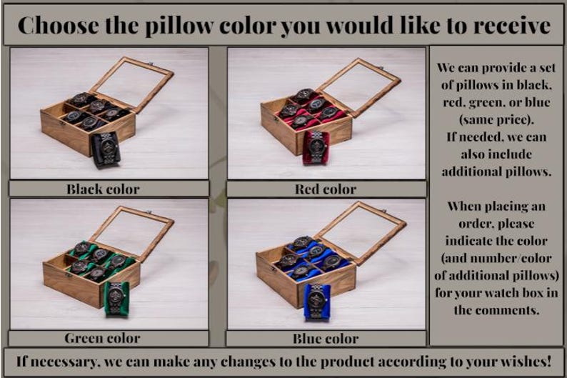 Watch box with drawer and pillow color options – black, red, blue or green soft velvet pillows for men’s watch organizer