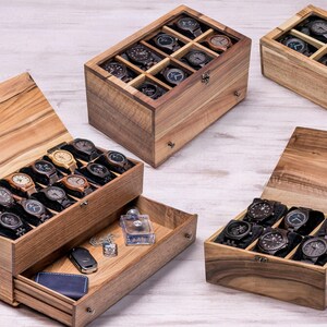 Walnut wood watch organizer with soft pillows – 10 slot wooden display case for men’s watches
