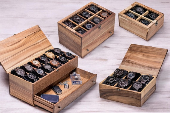 Wood Watch Box 4/6/8/10/12 Slots, Walnut Watch Organizer with Drawer, Glass or Wooden Lid, Engraved Personalized Gift for Men, Luxury Gift