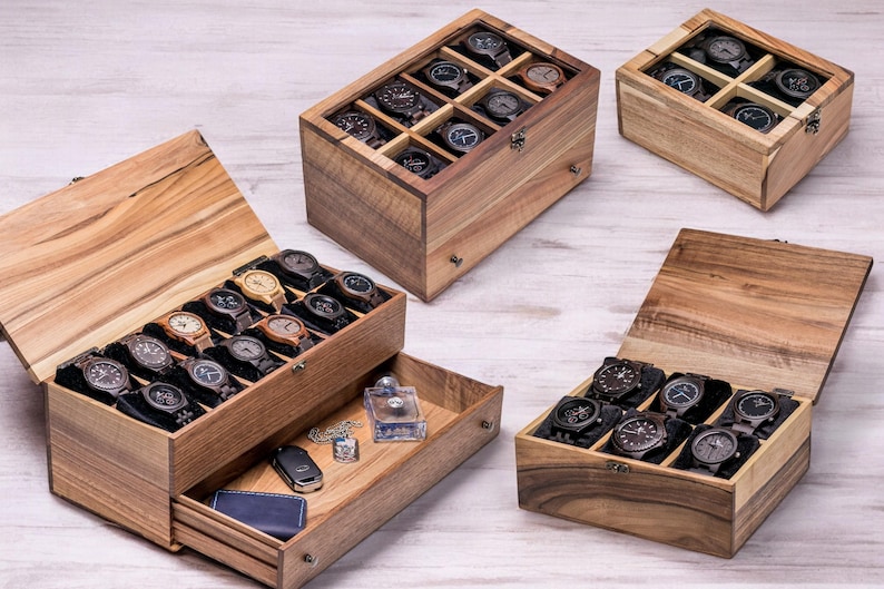 Walnut wood watch organizer with soft pillows – 10 slot wooden display case for men’s watches