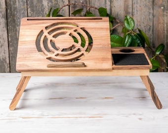 Adjustable Walnut Laptop Desk with Ventilation & Phone Slot, Folding Wooden Bed Tray Table with Mouse Pad, Perfect Home Office Gift