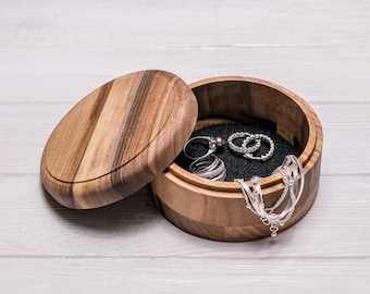 Round Walnut Jewelry Box with Lid, Handmade Wooden Trinket Organizer, Felt Lined, Optional Engraving, 4.9" x 2.5" Storage, Minimalist Design