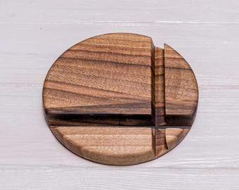 Walnut Phone Stand, Wooden Circle Dock for iPhone & Android, Minimalist Desk Holder, Personalized Gift