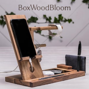 Wooden Docking Station, Natural Wood Charging Stand, Walnut Desk Organizer, Mens Nightstand Tray, Gift for Him, Personalized Gift