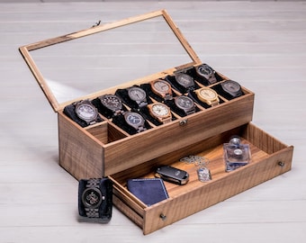 Wooden Watch Box with Drawer 4/6/8/10/12 Slots, Walnut Glass Lid Organizer, Personalized Engraved Watch Case, Mens Gift Storage