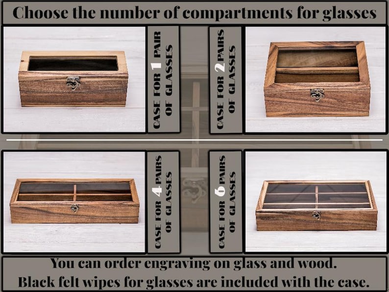 Personalized wooden glasses organizer with engraving options