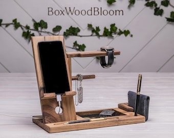 Men’s Wooden Docking Station, Walnut Organizer for Phone, Watch, Wallet & Keys, Personalized Gift for Him, Nightstand Charging Stand