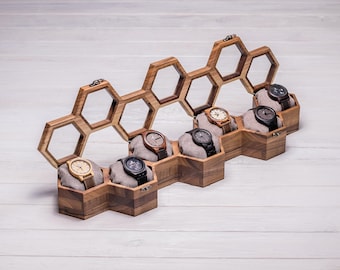 Walnut Watch Box for 7 Watches, Wooden Watch Case with Glass Lid, Hexagon Watch Organizer, Luxury Watch Storage, Gift for Him
