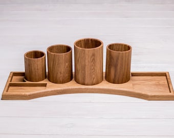 Stylish Walnut/Oak Desk Caddy, Organize Your Office Supplies in Titanic Style, Personalized Wooden Desktop Organizer Gift for Him Her