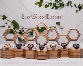 Walnut Watch Box for 8 Watches, Honeycomb Watch Case with Glass Lid, Wooden Watch Organizer, Watch Storage Box, Gift for Him