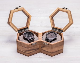 Personalized Watch Box for 2 Watches, Walnut Wood Watch Case, Glass or Wooden Lid, Double Watch Holder, Anniversary Gift for Him