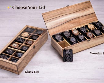 Scatola porta orologi in legno con coperchio in vetro o legno, 4/6/8/10/12 scomparti, custodia di lusso, organizer per orologi personalizzato, regalo inciso per uomo