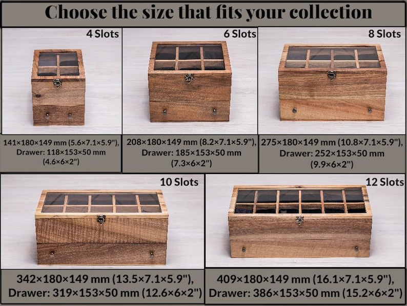 Wooden watch organizer with drawer – available in 4, 6, 8, 10 or 12 slots, handmade walnut watch box for collectors