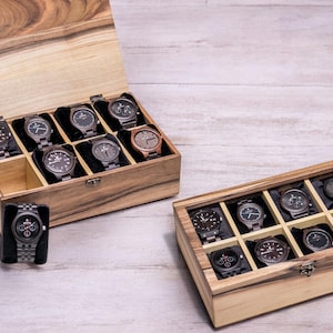 Luxury wooden watch box made of walnut wood with 6 slots and glass lid – personalized men’s gift organizer