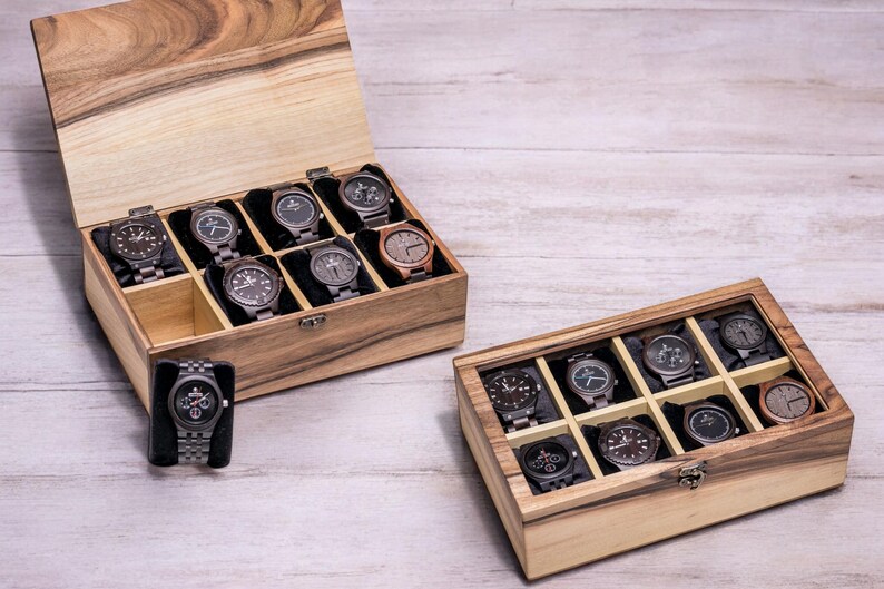Luxury wooden watch box made of walnut wood with 6 slots and glass lid – personalized men’s gift organizer