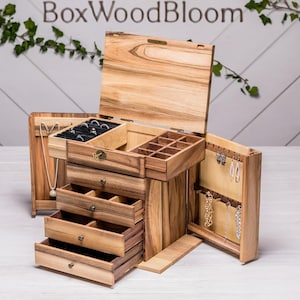 Personalized Wooden Jewelry Chest with Hooks and Ring Slots, Handmade Walnut Jewelry Organizer Box with Lock and Drawers, Gift for Her