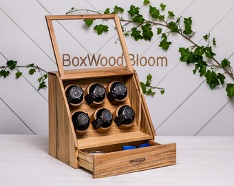 Caja de madera de lujo para 6 relojes / Vitrina de nogal con tapa de cristal y cajón oculto / Organizador de relojes personalizado, regalo para él