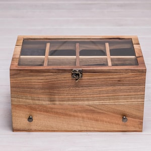 Wooden watch box with glass lid and drawer – handmade walnut watch organizer for men’s watches and accessories