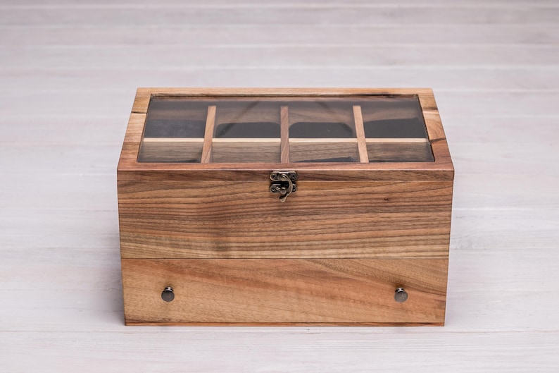 Wooden watch box with glass lid and drawer – handmade walnut watch organizer for men’s watches and accessories