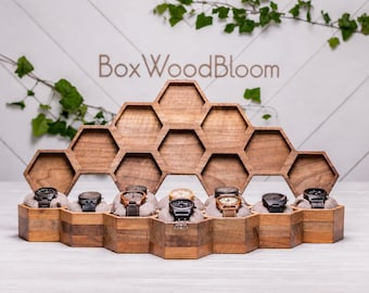Wooden Watch Box for 10 Watches, Walnut Watch Box, Watch Box for Men, Honeycomb Watch Organizer, Personalized Gift