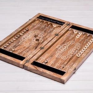 Backgammon Set with Ornamental Carving – Handmade Walnut Game Board with Checkers and Dice – Gift for Him – Family Board Game