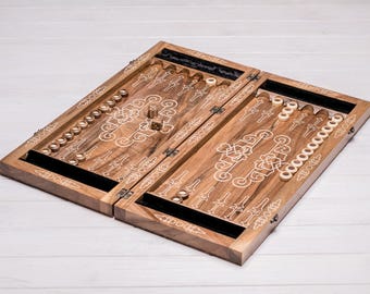 Backgammon Set with Ornamental Carving – Handmade Walnut Game Board with Checkers and Dice – Gift for Him – Family Board Game