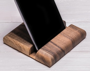 Walnut Phone Stand, Wooden Docking Station for Smartphone or Tablet, Minimalist Desk Organizer, Personalized Gift for Him, Small Walnut Dock