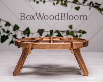 Folding Wine Table, Custom Wooden Picnic Table with Glass Holders, Wine & Cheese Gift, Personalized Anniversary or Christmas Gift, Handmade