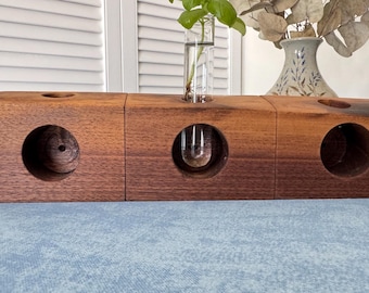 Walnut Propagation Station with 3 Glass Test Tubes, Wooden Rooting Vase, Hydroponic Holder, Minimalist Plant Lover Gift
