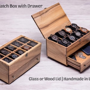 May include: Two wooden watch boxes with drawers. One box has a glass lid, the other has a wooden lid. Both boxes are open, revealing multiple watches. The text "Walnut Watch Box with Drawer" is at the top. The text "Glass or Wood Lid" is at the bottom.
