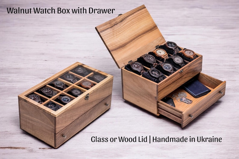 Handmade walnut watch box with wooden lid – elegant storage case for 8 watches, personalized gift
