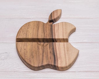 Wooden Apple Shape Phone Stand Walnut Dock for iPhone iPad, Handmade Walnut Accessory Gift for Tech Lovers, Personalized Holder