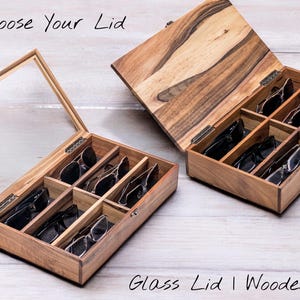 Walnut Glasses Box, Glasses Holder, Wooden Eyewear Organizer for 1–6 Pairs, Sunglasses Storage Case with Glass or Wooden Lid, Engraving Gift
