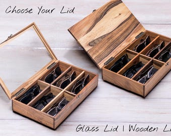 Walnut Glasses Box, Glasses Holder, Wooden Eyewear Organizer for 1–6 Pairs, Sunglasses Storage Case with Glass or Wooden Lid, Engraving Gift