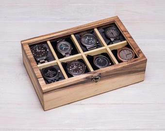 Horlogedoos houten organizer 4/6/8/10/12 slots, gepersonaliseerde horlogekast met glazen deksel, aangepast cadeau voor mannen, sieradenopslag, cadeau voor hem