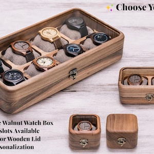 Walnut Watch Box for 1–12 Watches, Handmade Wooden Watch Case with Glass Lid, Personalized Gift for Him, Watch Display Organizer