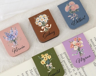 Marcapáginas de cuero personalizado con flor de nacimiento: regalo personalizado para el lector