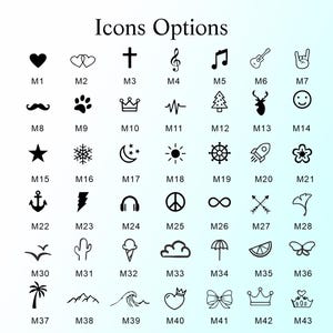 May include: A collection of 43 black and white icon options, including hearts, crosses, musical notes, and various symbols. The text "Icons Options" is displayed at the top of the image.