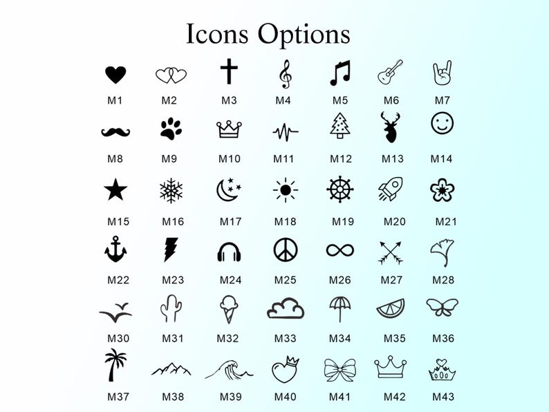 May include: A collection of 43 black and white icon options, including hearts, crosses, musical notes, and various symbols. The text "Icons Options" is displayed at the top of the image.