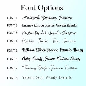 May include: A digital graphic displaying font options. The text "Font Options" is at the top. Below, eight font styles are shown, each with a sample name. The background is a gradient of light blue and white.