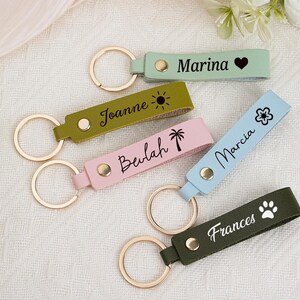 May include: A collection of personalized keychains in various colors, including green, pink, and blue. Each keychain features a name and a small graphic, such as a heart or paw print, with a gold-colored ring.