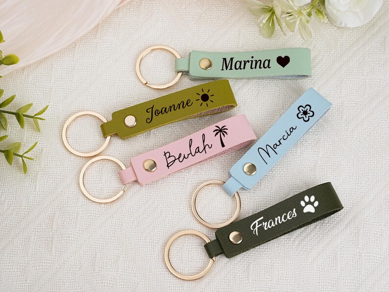 May include: A collection of personalized keychains in various colors, including green, pink, and blue. Each keychain features a name and a small graphic, such as a heart or paw print, with a gold-colored ring.